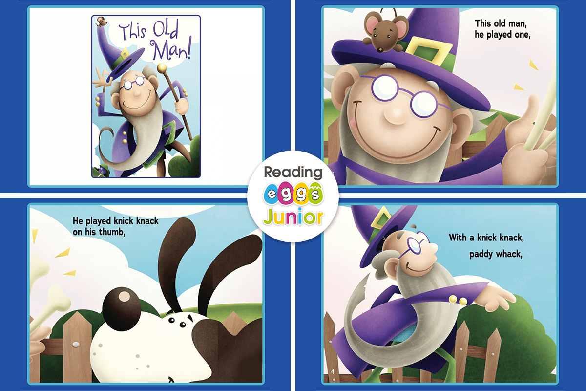 Screenshots from the This Old Man nursery rhyme in Reading Eggs Junior