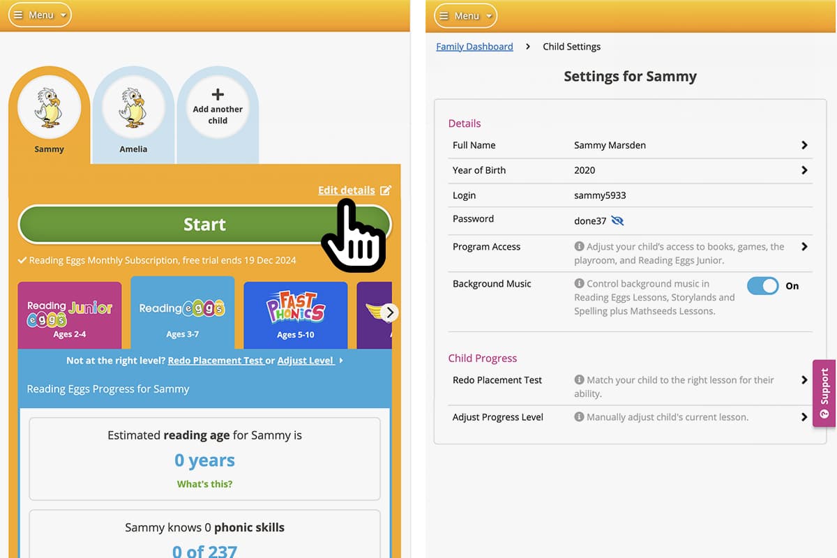 Screenshot of the Reading Eggs Family Dashboard. Each child's profile has a login and their access settings can be customised.