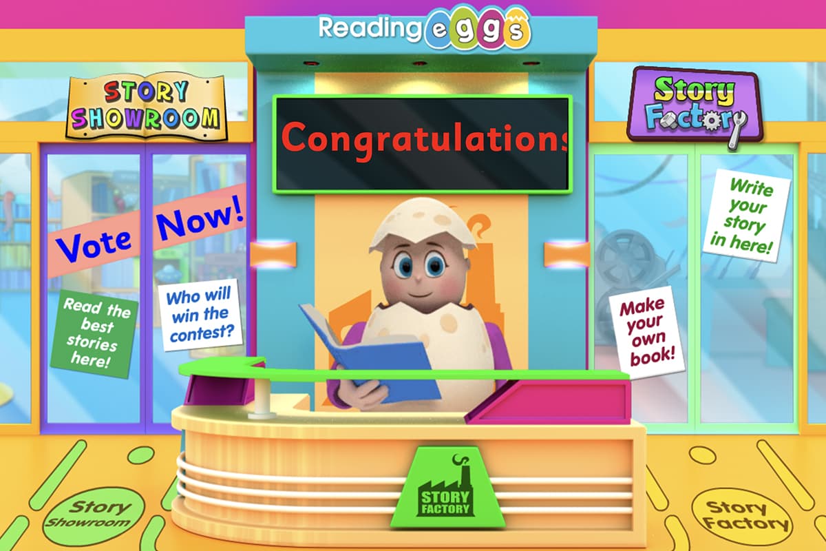 Screenshot of the Story Factory section of Reading Eggs where children can write and publish stories.