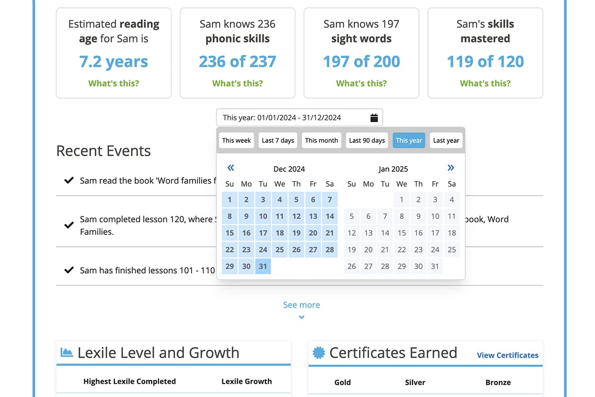 Screenshot of a progress report in Reading Eggs demonstrating how a parent can easily see how much time their child has spent reading and their achievements.