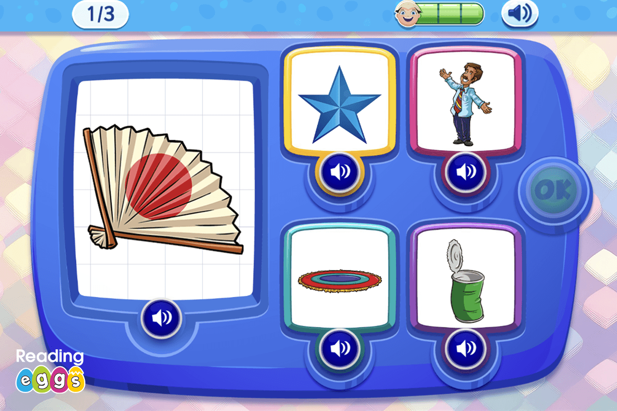 Screenshot of Reading Eggs Lesson 16 teaching phonemic awareness. Children listen to words and select those that rhyme with fan